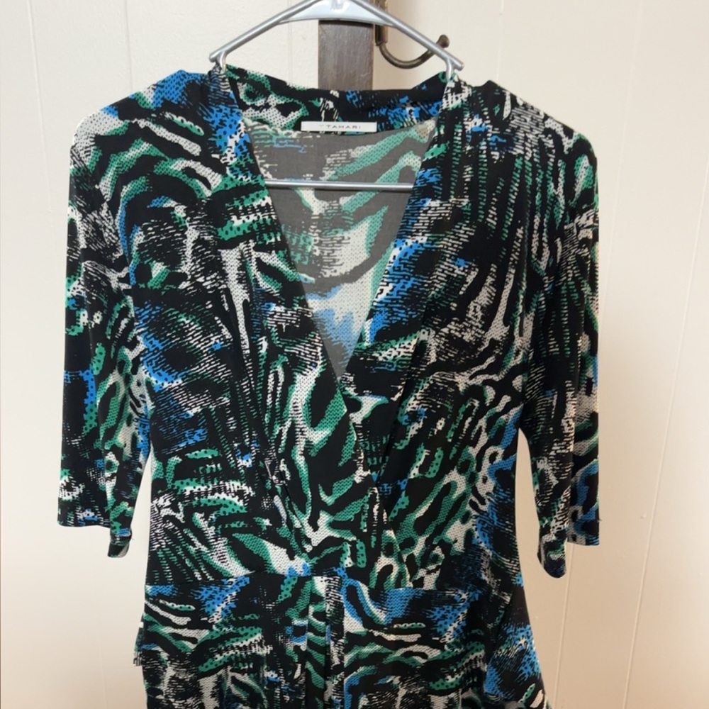 T Tahari Blue and Green Patterned Dress